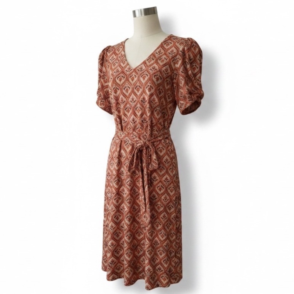 Boden Women's Puff Sleeve Tie Waist Dress‎ Size US 4R UK 8R Red Geometric Print